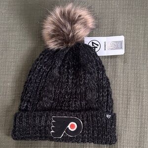 47 Brand Black Cable Knit Beanie with Faux Fur Pom-Pom